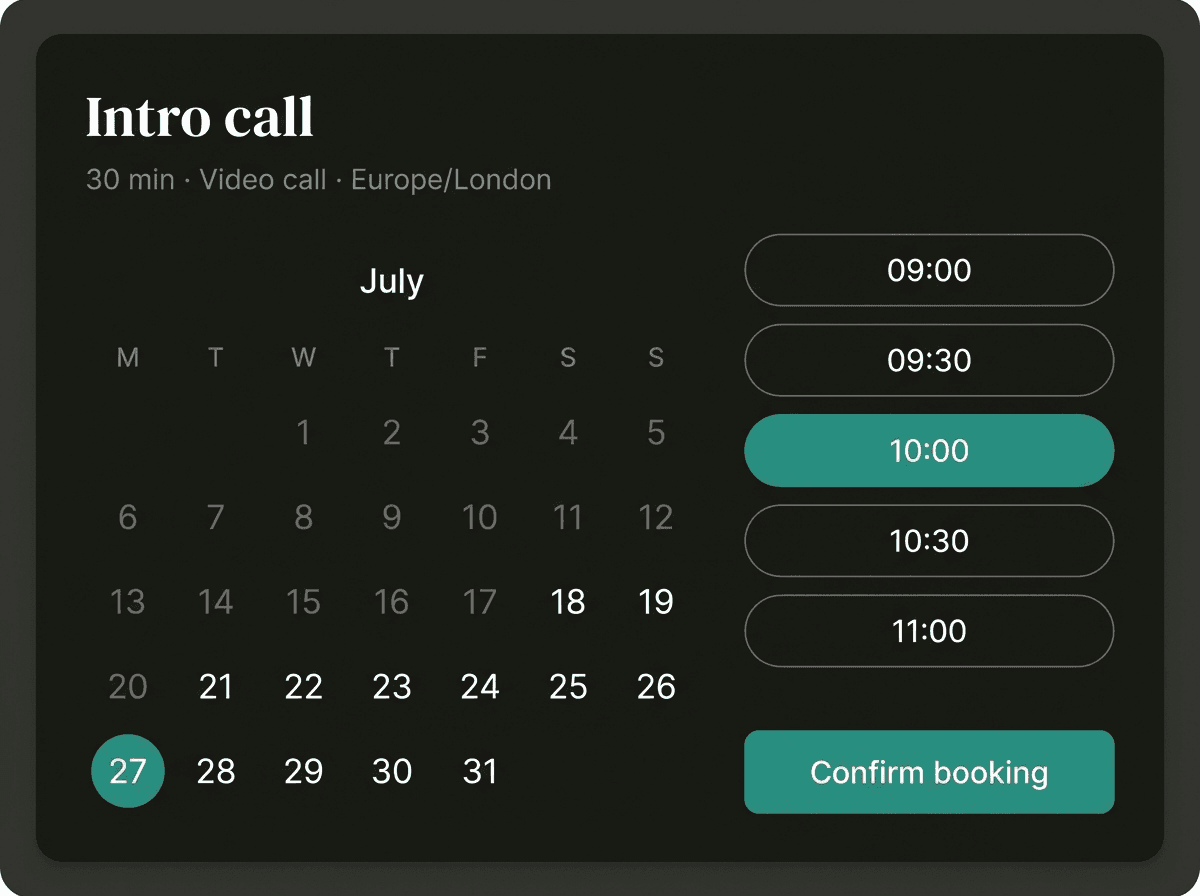 A Meetsy booking page: a July calendar with available dates and a column of morning time slots, 10:00 selected, above a Confirm booking button